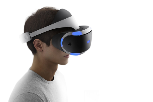 Kid wearing Project Morpheus virtual reality headset