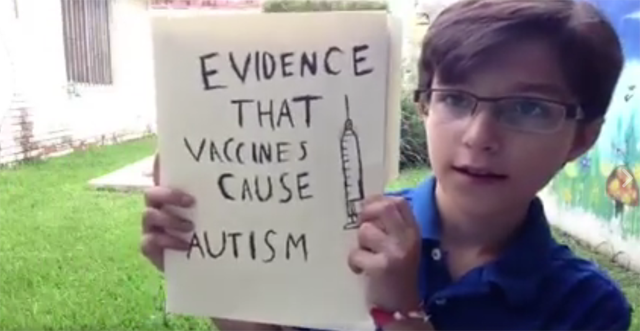 12-year old Marco Arturo presents his research on vaccines causing autism.