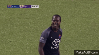 FC Cincinnati's Djiby Fall is shown a red card for a tackle against Louisville City FC.